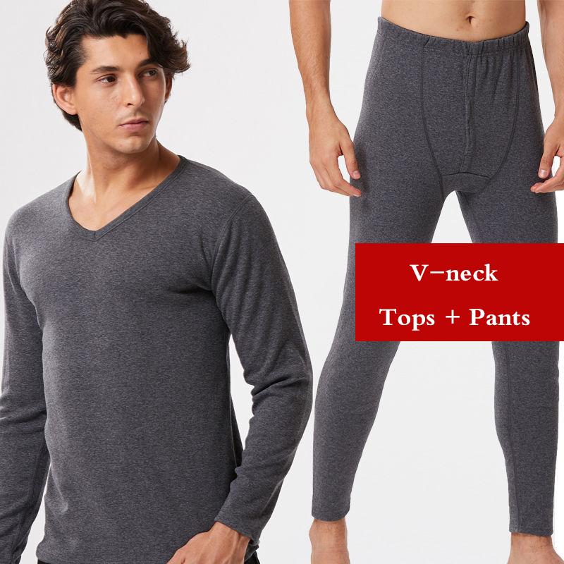 Men Winter Windproof Thermal Underwear Plus Velvet Thickened O-neck Warm V-neck Tops Pants Male Tight Suit Soft Lining Long Sleeve High elasticity