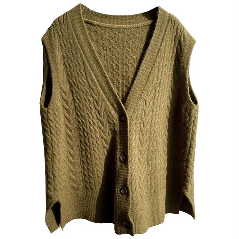 Sleeveless Knitted Vest Cardigan Women Retro Outer Wear Vest with Loose V-neck Sweater Vest Solid Color Simple Sweater Jacket