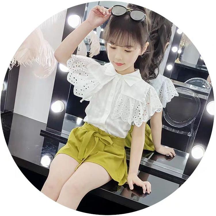 2PCS Children Clothing Set Spring Summer Girls Suits Lace Hollow Out Short Sleeve Tops + Pants Clothing Set