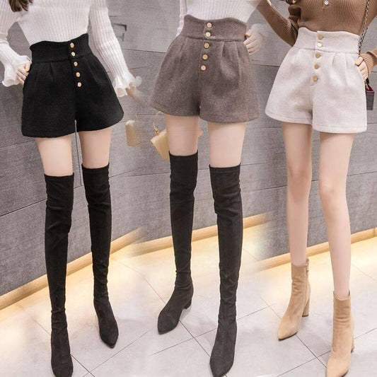 Woolen Shorts Women Loose Wide Leg Shorts with High Waist Thick Pockets Short Femme