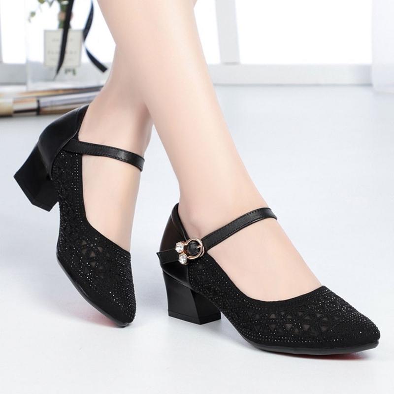 Sandals Women's High Heel Sandals Mesh Sandals Hollow Breathable Single Shoes Soft Sole Mother Shoes