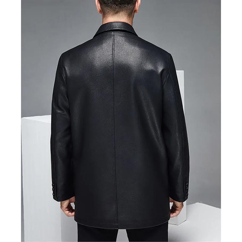 Men's Leather Clothing High Quality Sheepskin Leather Jacket Business Casual Mid-length Winter Warm Plus Fleece Thick Jacket Turn Down Collar Coat