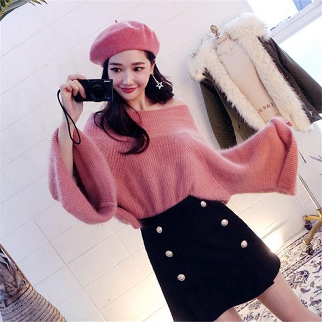 Autumn and Winter Sexy Off-the-shoulder Blouse Mink Fleece Pullover Sweater Loose Big Flared Bottoming Shirt