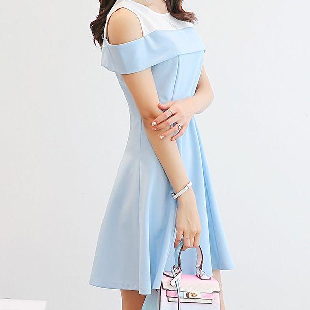 Fashion Summer Off-shoulder Round Neck Dress Stitching Sweet A-line Dress Sleeveless Sundress