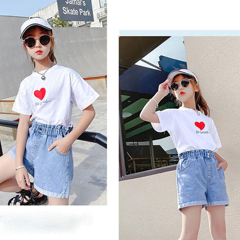 2PCS Children Clothing Set Spring Summer Girls Suits Printing Korean Hollow Out Short Sleeve Tops + Hole Pants Clothing Set