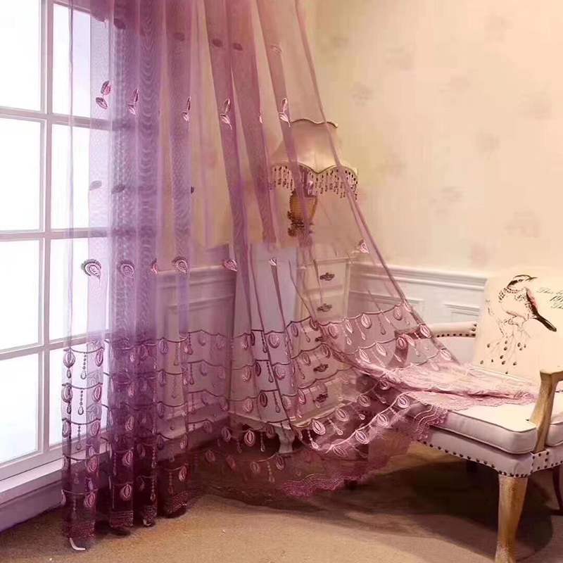 French Romantic Shining Embroidered Voile Curtain Panel Window Home Textile Bedroom Tulle Curtains