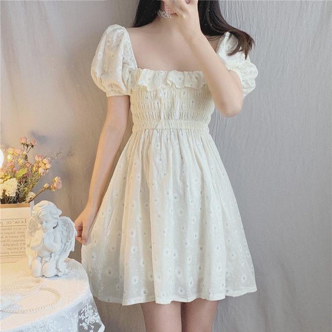 Little Daisy Women's Holiday High Waist Girl Vintage French Puff Sleeve Shoulder Print Dress