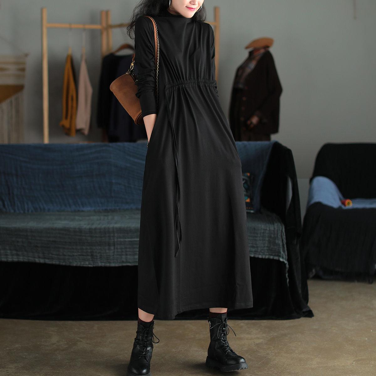 Cotton Lace-up Long-sleeved Dress Women's Autumn 2021 New Loose and Versatile Literary Retro Half-high Collar Mid-length Dress