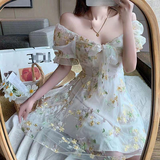 Prom Fairy Dress, Spring Formal Wedding Guest Dress, Korean Cute Milkmaid Dress, French Vintage Floral Cloth, Chiffon Mini White Dress