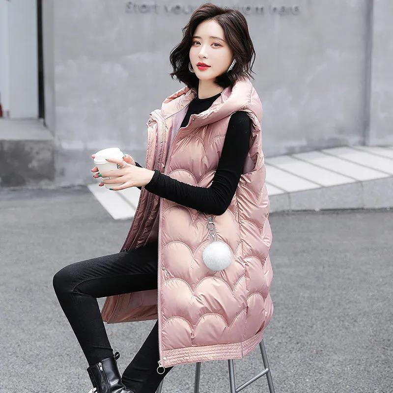 Disposable Bright Face Down Cotton Vest Women Thick Autumn and Winter Loose Coat Waistcoat Women Mid-length