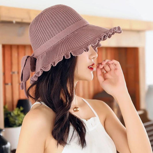 Women's Summer Knitted Cotton Bow Sun Hat Outdoor Leisure Sunscreen Cap Anti-UV Protective Hat Basin Hat All-match Fisherman Hat