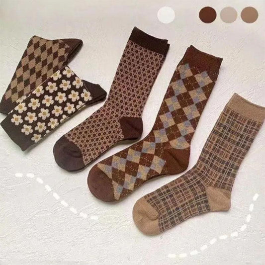 Coffee Color Socks 4 Pairs of Autumn and Winter Women's Mid-tube Thickened Warm Solid Color Retro Pile Socks High Tube Stockings