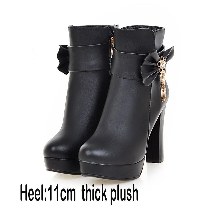 Sweet Ladies Booties Rhinestone Bow Side Zipper High Heel Ankle Boots Female Winter Plush Boots