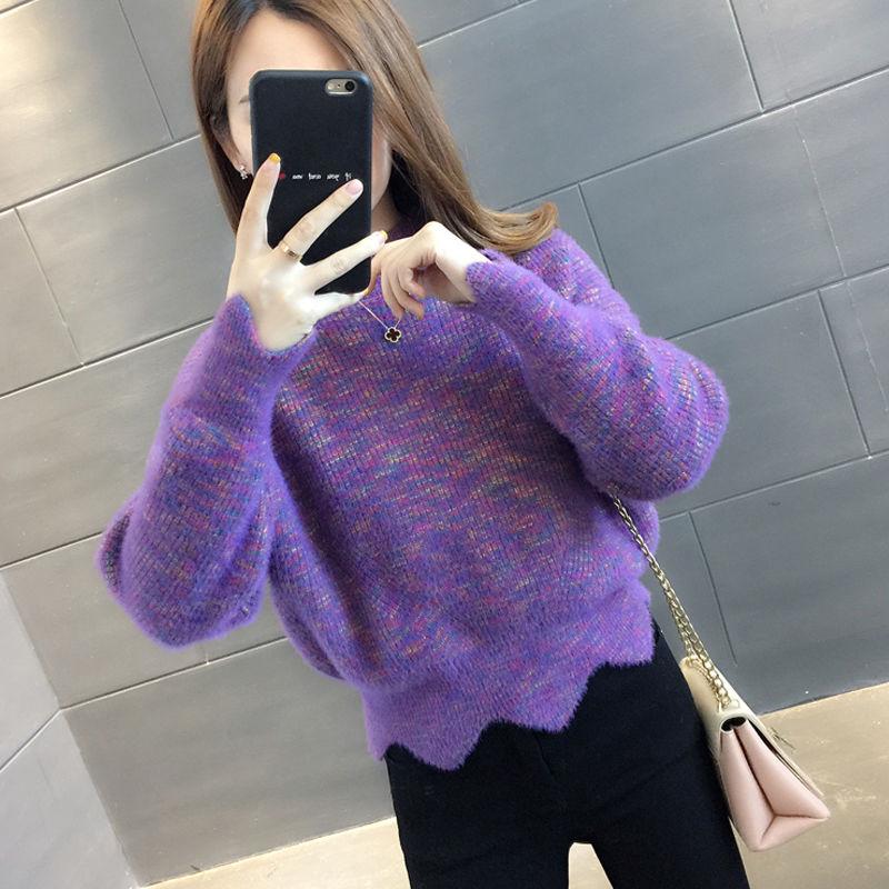 Autumn/winter Mohair Knit Top High Waist Thickened Bottoming Shirt Casual Rainbow Color Women's Sweater