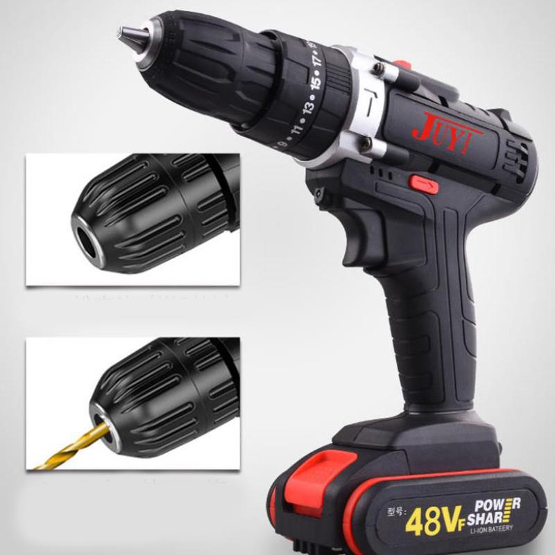 48V Impact Drill Household Cordless Electric Drill Electric Screwdriver Rechargeable Motor Double Battery