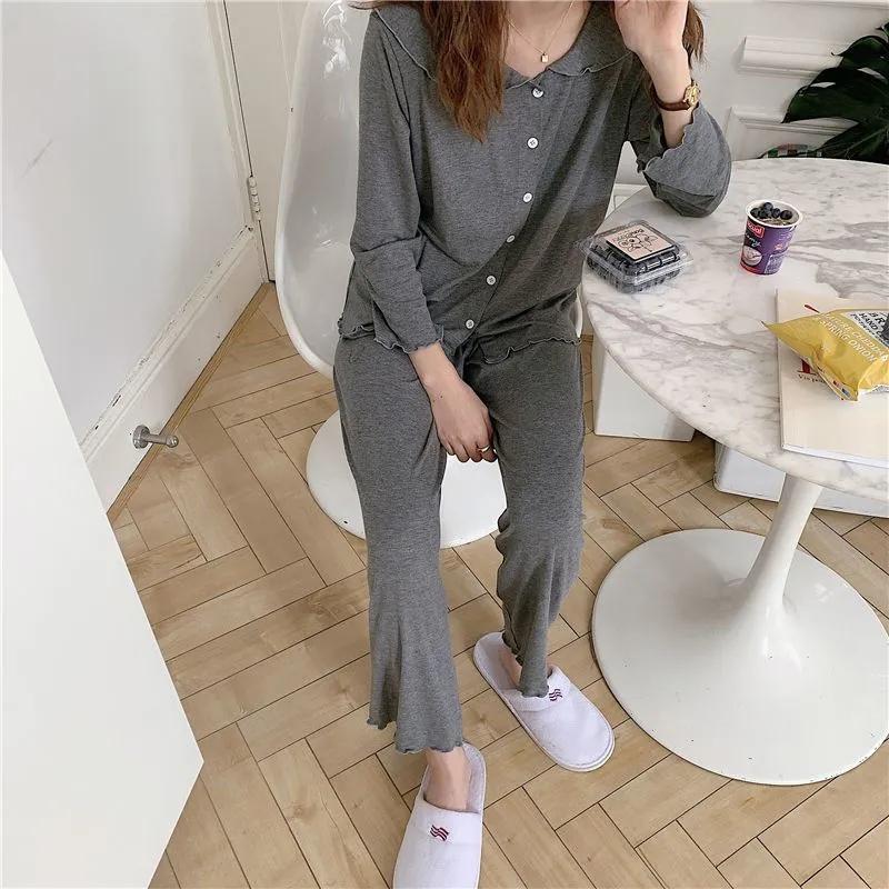 Women's Spring Autumn Long-sleeved Pajamas Set Loose Simple Lotus Leaf Collar Buttons Casual Thin Homewear Two-piece Set Solid Sleeping Suit