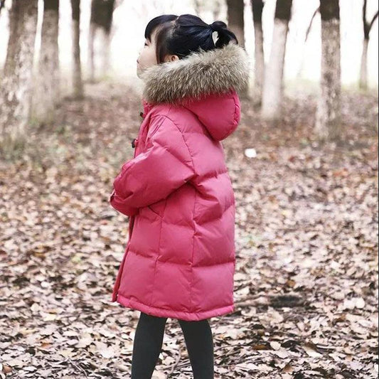 Children's Down Jacket Mid-length Thickened White Duck Down Big Fur Collar Children's Clothing Warm and Windproof Jacket