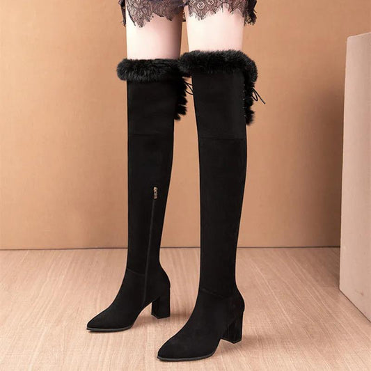 Over The Knee Boots Women Plus Fleece Thick Heel 5cm High Boots Pointed Toe Elastic Boots High Heel Boots