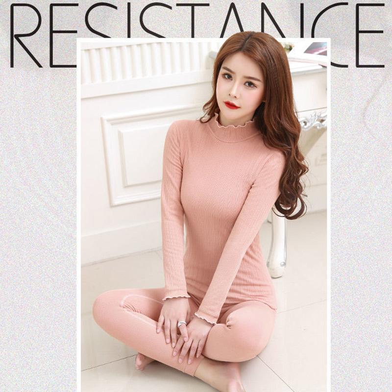 Thermal Underwear Women Plus Velvet Thick Suit Mid-high Collar Sexy Lace Thin Autumn Clothes Long Trousers Body Bottoming Shirt