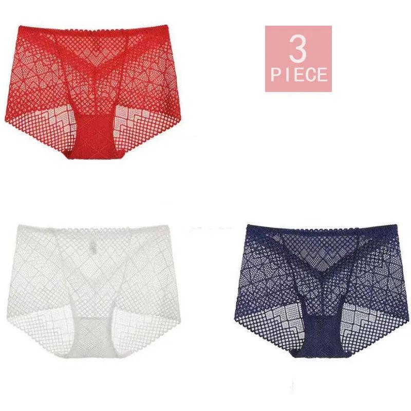 3-pack of Large Size Lace Sexy Panties Women's Ice Silk Transparent Seamless Underwear Antibacterial Cotton Crotch Briefs Hollow Out Panties