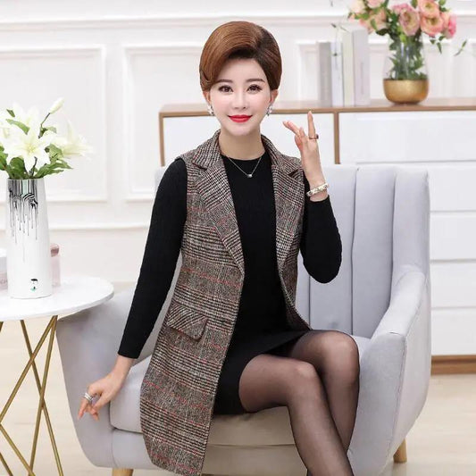 Women's Plaid Vest Jacket Mid-length Sleeveless Women's Waistcoat Suit Waistcoat Women's Mid-length Sleeveless Jacket Slim and Thin