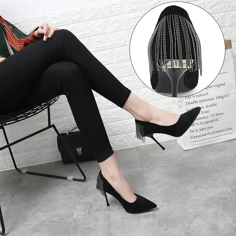 Pointed High Heels Female Spring and Summer Stiletto French Girl Sexy Black High Heels with Fringed Fringe