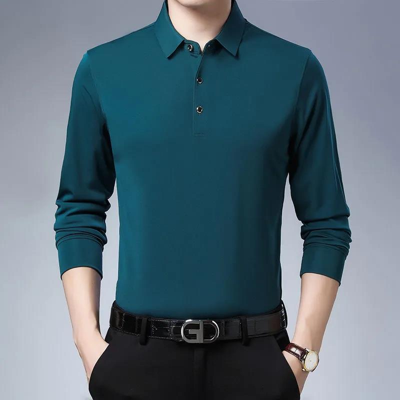 Men's Long-sleeved T-shirt Autumn Lapel Solid Color Business Shirt Casual Loose Polo Bottoming Shirt