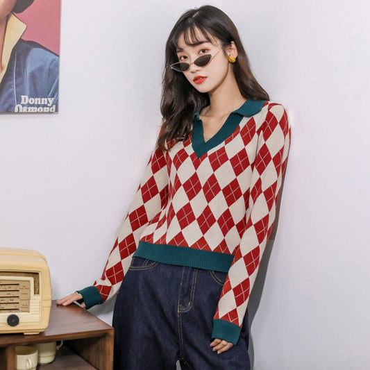 Vintage Rhombus Plaid Printed Sweater V-neck Short  Women's Slim Knit Sweater All-match Pullover Jumper  Top