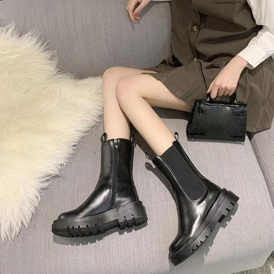 Martin Boots Women Autumn Winter Elastic Mid-tube Boots Thick-soled Boots Single Inner Side Zipper Boots Women