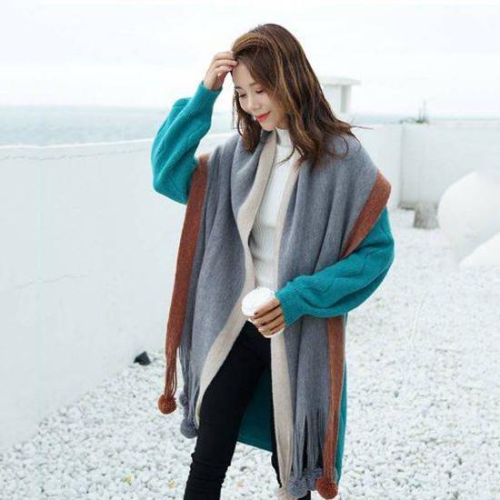 Winter Female Wool Plaid Scarf Women Cashmere Scarves Wide Lattices Long Shawl with Ball Tassel