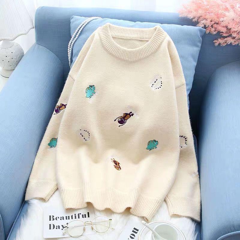 Casual Embroidery Sweater Women Loose Round Neck Pullover Sweater Thickened Warm Knitwear Jumper Outwear