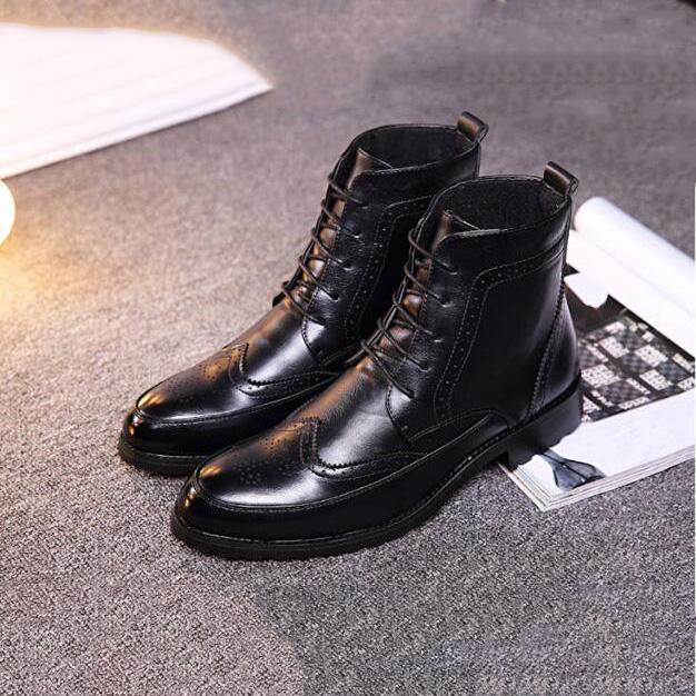 Autumn and Winter Brock Carved Pointed Toe Martin Boots Men's Leather Shoes Men's High-top Shoes