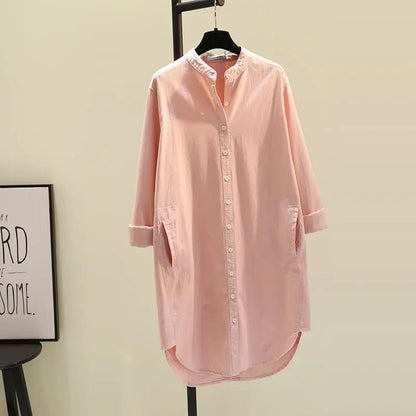 Women Lapel Long Sleeve Autumn Shirt Dress Cotton Split Dresses Elegant Solid Work Office Female Tunic Robe