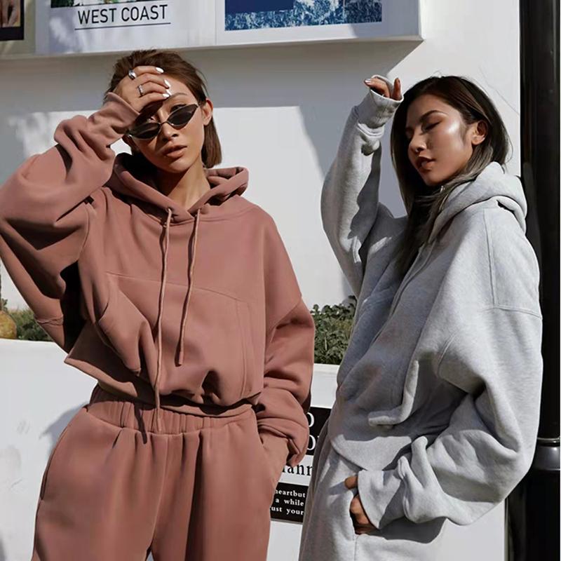 2PCS Autumn Winter Women's Casual Sweater Jacket Sports Suit Solid Color Hooded Sweater Casual Two Piece Set Tracksuits Athletic Clothing