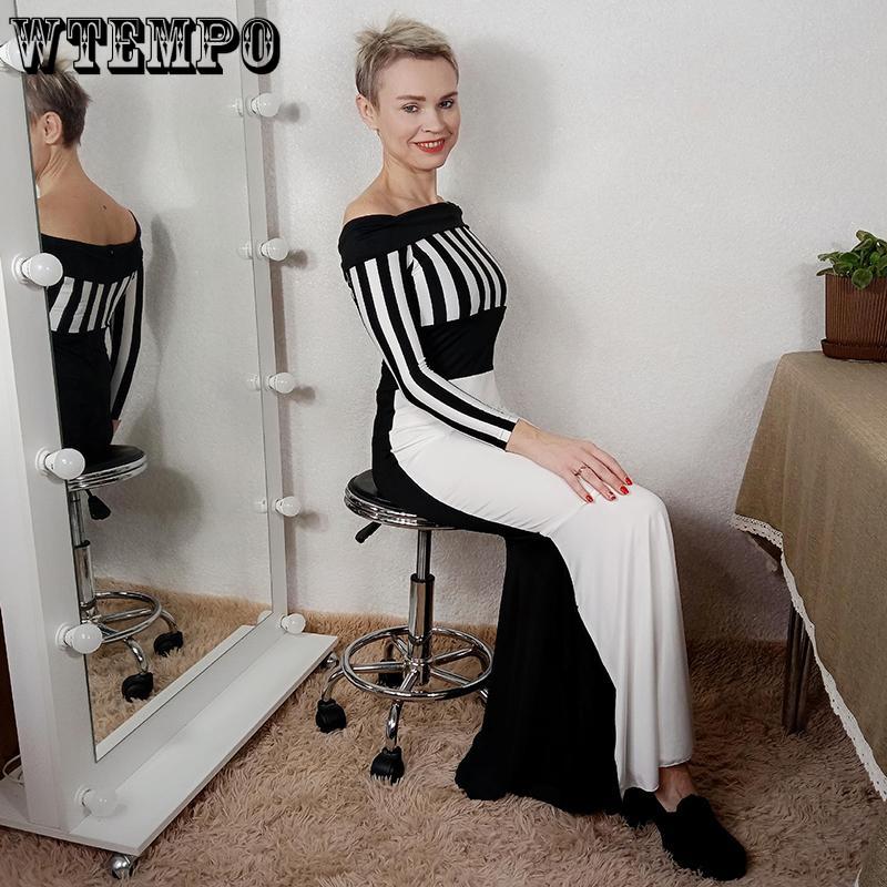 Slash Neck Dress Striped Women Long Sleeve Slim Evening Gowns Lady Cocktail Party Vestidos