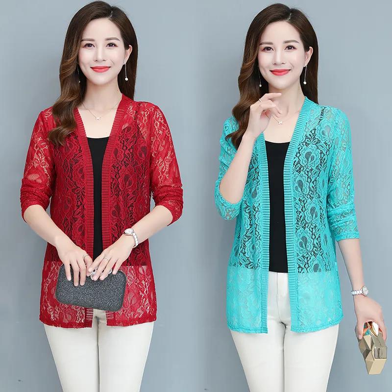 XL-5XL Spring and Summer Plus Size Women's Tops Mid-length Lace Cardigan Thin Coat Casual Long-sleeved Sun Protection Clothing