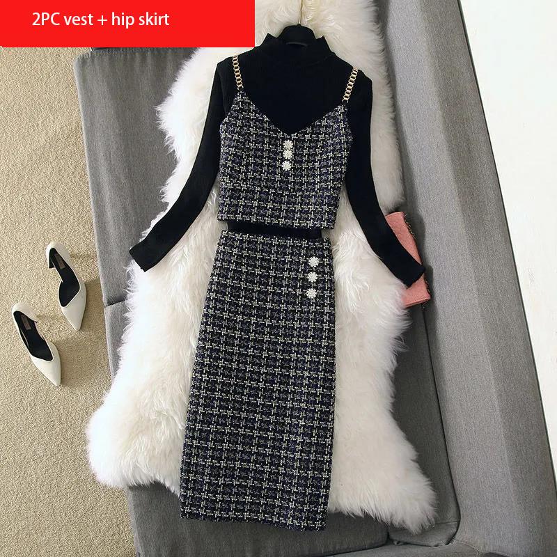 Knitwear Warm Base Women's Autumn and Winter Woolen Skirt Suit Three-piece Dress Vest Bag Hip Skirt Sweater Warm and Comfortable