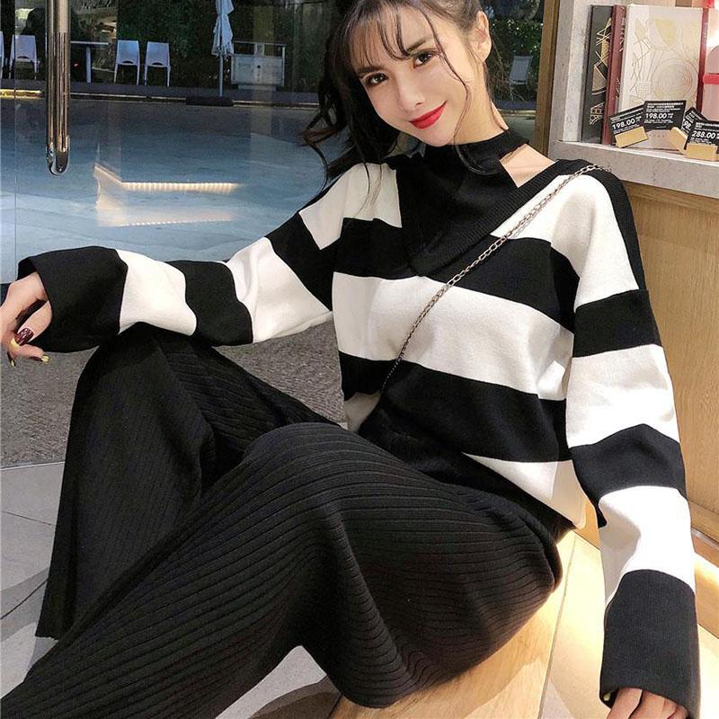 2pcs/set  Women Winter Tracksuit 2 Piece Pant Suits Knitted Striped Sweater Top and Pants 2 Piece Set Outwear Outfits