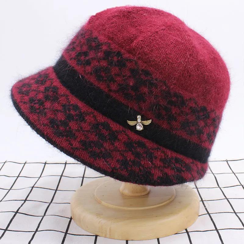 Ladies Autumn Winter Warm Rabbit Woolen Hat Mother's Knitted Hat with Velvet Thickening Rhinestone Decoration Cap High Quality Cold Proof Hat Headgear