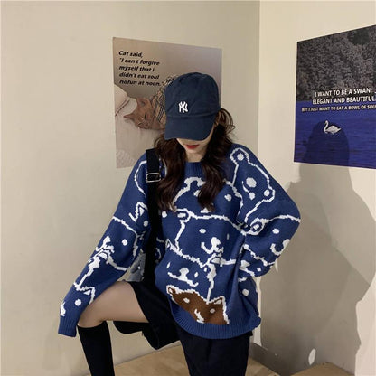 Pofuloveins Korean Autumn Winter Sweet Pullover Sweater Female Loose long-sleeved Sweater Student