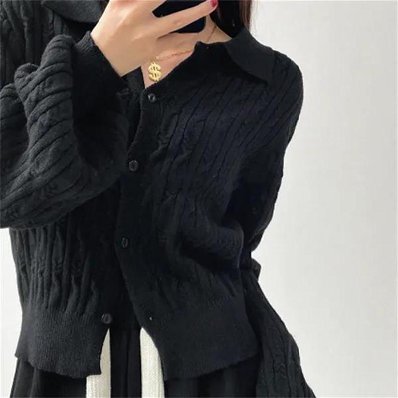 Cardigan Women Twist Knitted Sweater Women Autumn Winter Retro Lapel Polo Loose Single-breasted Long-sleeved Tops