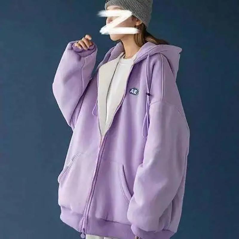 Women's Zipper Cardigan Korean Version Loose Student Plus Velvet Thickening Autumn and Winter Coat Hooded Sweater Ladies Casual Warm Cotton Clothing