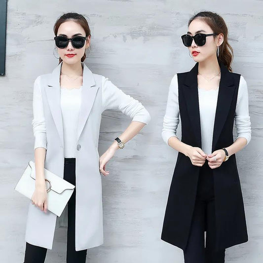 Sleeveless Suit Vest Women's Mid-length All-match Slim Slim Waistcoat Cardigan Jacket Women's Sleeveless Vest Blazer