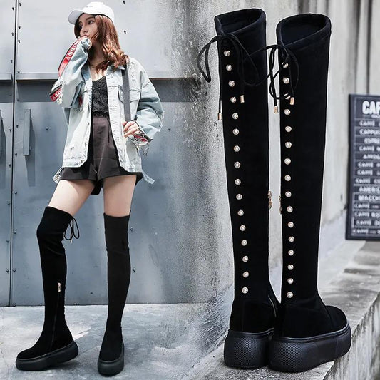 Autumn and Winter Women's Boots High Over The Knee Boots Flat Shoes Women's Lace-up Boots Elastic Boots