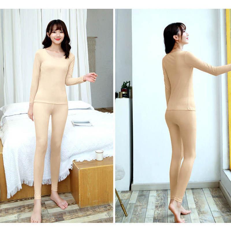 Pure Color Cotton Thermal Underwear Set for Women's Fall/winter Beauty Autumn Clothes Long Trousers Tight Round Neck Thin Bottoming Shirt