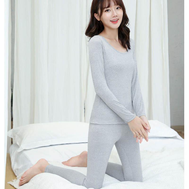 Pure Color Cotton Thermal Underwear Set for Women's Fall/winter Beauty Autumn Clothes Long Trousers Tight Round Neck Thin Bottoming Shirt