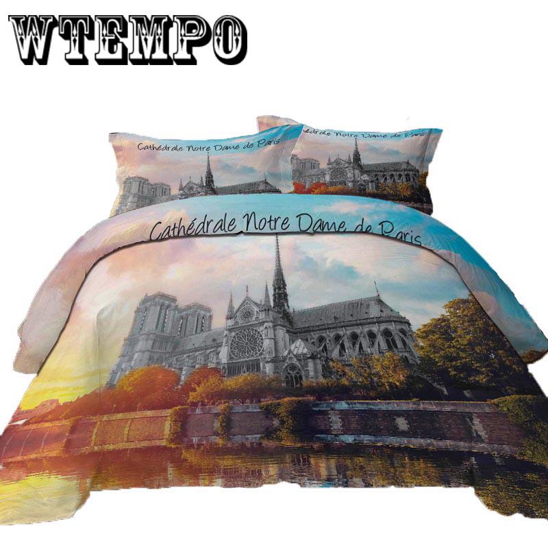 3pcs Duvet Cover Sets 3D Gold Silk Embroidery Notre Dame De Paris  Bedding Set Bedding Bedclothes