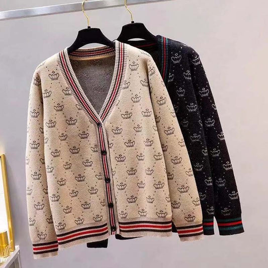 Loose Outer Jacket Women's Knitted Cardigan Contrast Color Striped Crown V-neck Button Long-sleeved Thin Sweater Coat