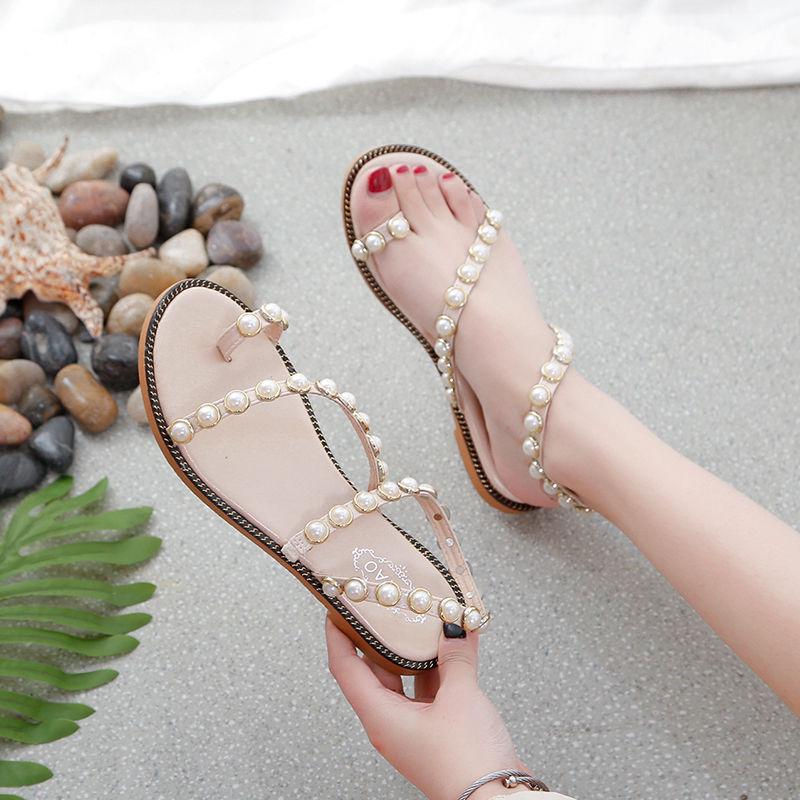 Pearl Sandals Female Summer Fairy Style Student Flat All-match Flip-flop Roman Sandals