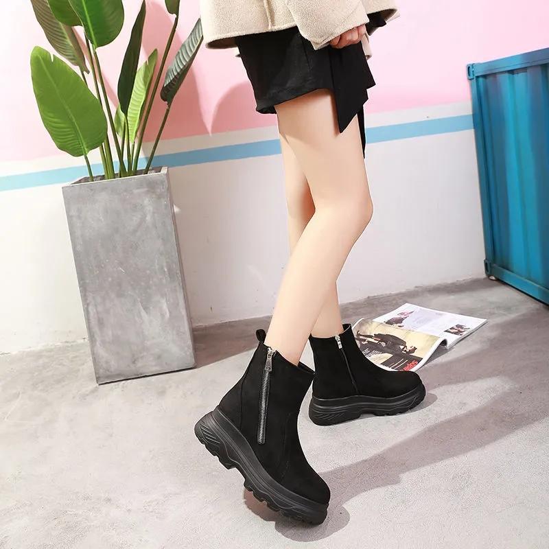 Women's High-rise Short Boots Autumn and Winter Korean Style Comfortable Plus Velvet Thick-soled Slope with Martin Boots Wild Round-toe Cotton Boots